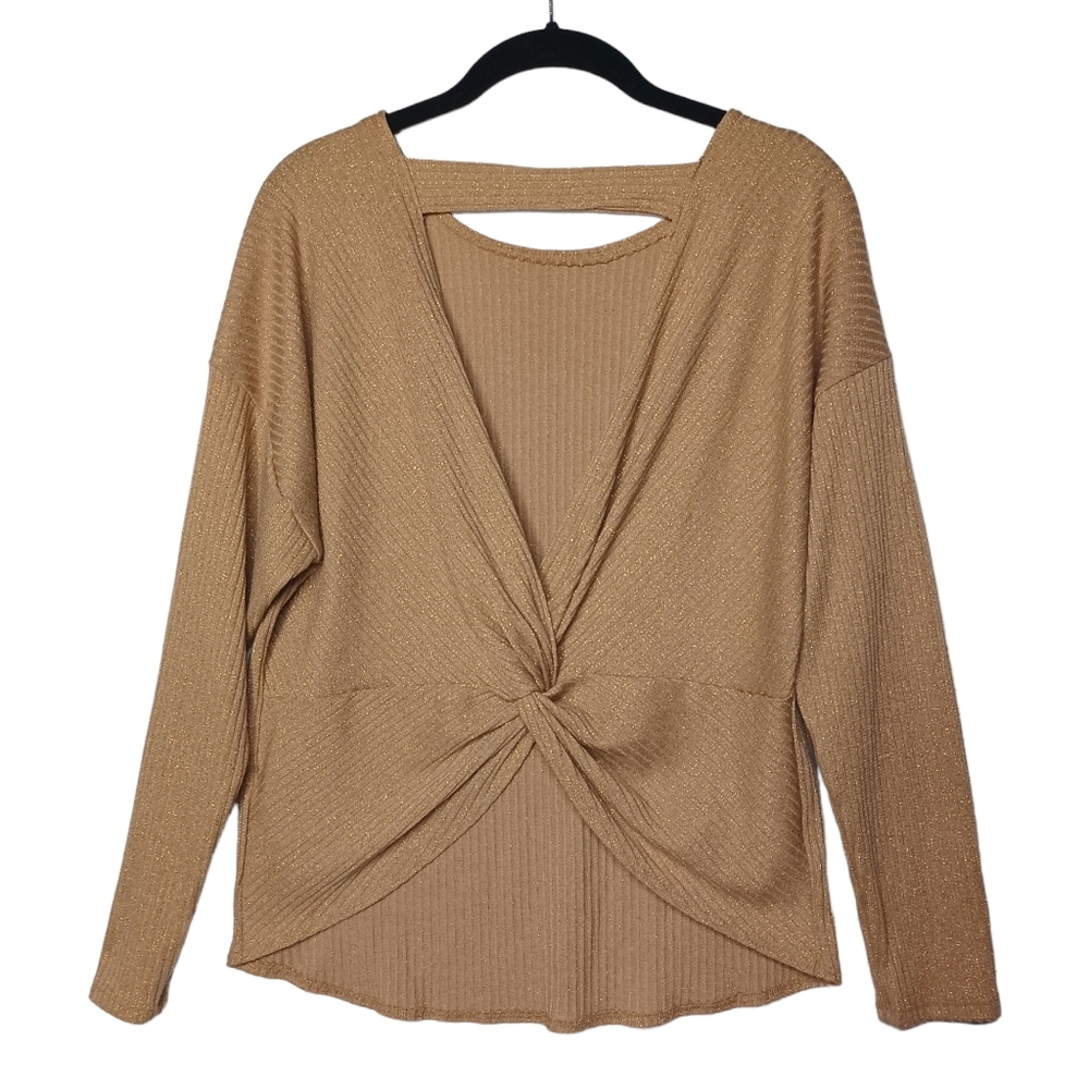 URBAN EPISODE Gold Shimmer Ribbed Tan Long Sleeve Twist Open Back Top Large